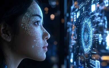 Asian woman's face illuminated with digital grid, gazing at complex data display