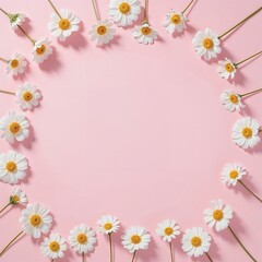 Obraz premium Daisies Arranged as Oval Frame on Pastel Pink Background, Floral Decorative Border, Spring Bloom Template, Minimal Still Life, Copy Space, Soft Nature Scene