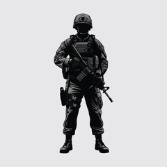 Silhouette of a soldier with a weapon on the battlefield