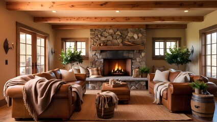 Warm and inviting hdr photograph of rustic luxury home interior featuring modern fireplace wood accents vintage furniture and cozy textures ideal for property showcasing and design inspiration