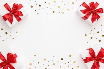 Christmas Gift Arrangement in Frame, White Boxes with Red Ribbon, Gold Star Confetti, Holiday Season Decor, Blank Copyarea


