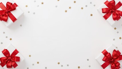 Festive Present Frame with Red Ribbons and Stars, White Holiday Background, Christmas Invitation or Greeting Template

