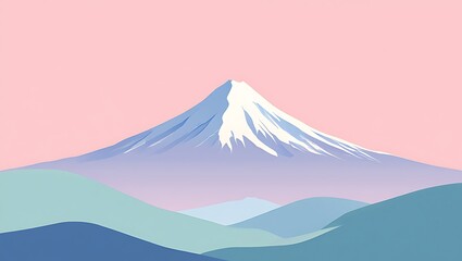 A serene, minimalist illustration of Mount Fuji with a snow-capped peak, soft blue and green foothills, all under a gentle pastel pink sky.