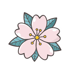 Fototapeta premium Pink flower with teal leaves. Delicate and vibrant nature inspired design. Ideal for spring designs, greeting cards, stationery, and botanical themed projects.