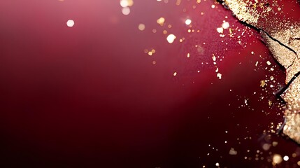Luxurious burgundy red background with scattered gold glitter and sparkle effects creating an elegant festive atmosphere. Abstract corner composition for holiday designs.
