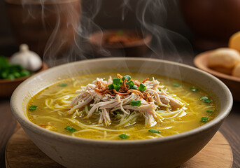 Steaming bowl of chicken noodle soup garnished with green onions and fried shallots on a wooden surface.
