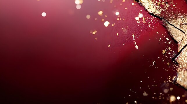 Luxurious burgundy red background with scattered gold glitter and sparkle effects creating an elegant festive atmosphere. Abstract corner composition for holiday designs.