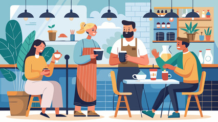 Vector art of a group of friends enjoy coffee and conversation at a trendy cafe with a friendly barista