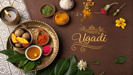 Ugadi festival setup displaying traditional itemsneem, jaggery, mango, salt, chili, oil lamp, representing Telugu, Kannada New Year celebrations