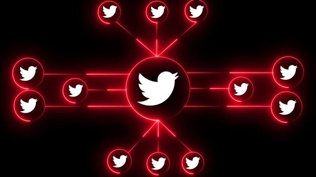 Futuristic digital interface, twitter interacting with holographic icons, seamless tech motion.