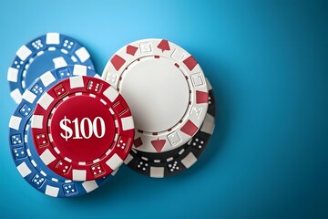 Stack of casino poker chips in red, blue, and white with $100 denomination on blue gradient background, close-up view showing gambling and betting concept.