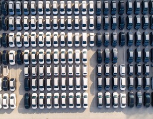  An aerial photograph shows hundreds of new cars parked in orderly rows at a sea port car yard, ready for export or import.