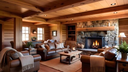 Warm and inviting hdr photograph of rustic luxury home interior featuring modern fireplace wood accents vintage furniture and cozy textures ideal for property showcasing and design inspiration