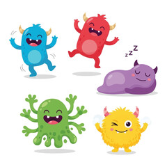 Cartoon monsters of various colors and expressions in different poses.