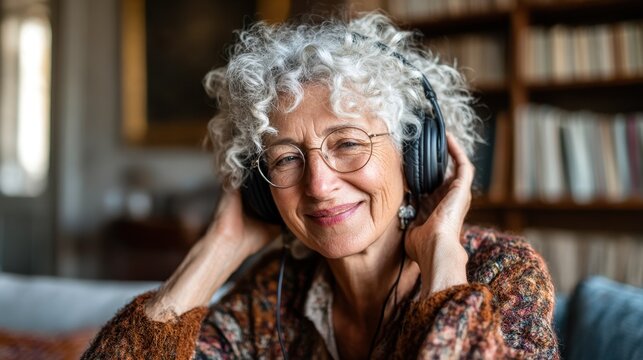 Smiling Senior Woman Listening to Music with Headphones