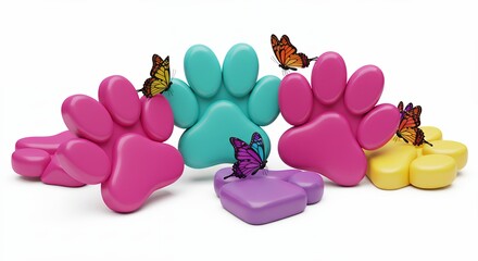Fototapeta premium Colorful paw prints with butterflies