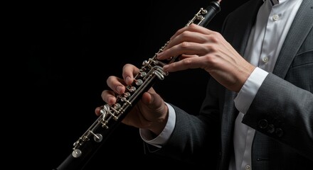 Elegant musician plays classical woodwind oboe instrument in dark studio setting for concert performance
