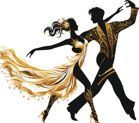  A striking image depicting an elegant couple dancing gracefully, with fluid gold and white line accents, creating a dramatic and stylish composition set against 