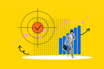 Banner full art image poster collage of happy businessman walk arrow pointer graph target...