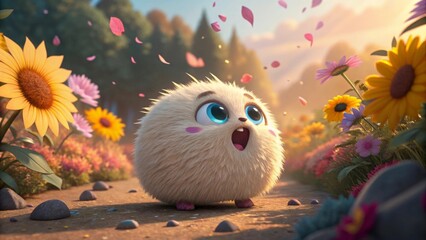 Fluffy round creature showing wide eyed wonder amid sunflowers, basking in colorful garden with swirling flower petals under bright sunlight