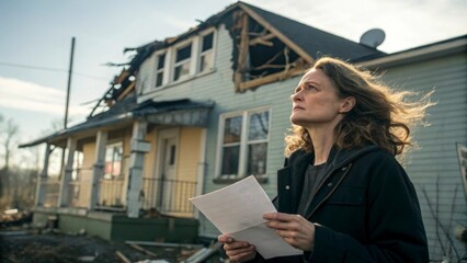 Insurance agent holding documents and evaluating damage to house after hurricane, natural disaster and insurance concept