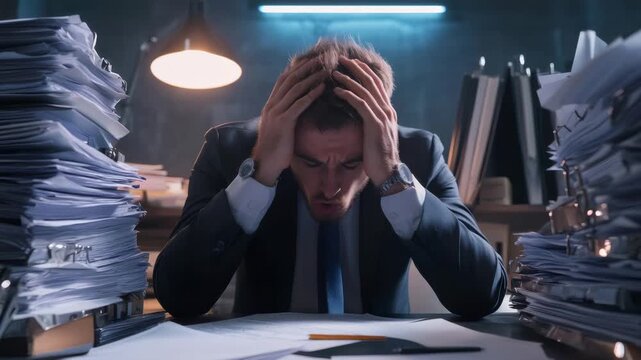 Stressed professional experiencing workplace burnout, surrounded by overwhelming paperwork during late night office hours, displaying exhaustion and mental strain from intense work pressure