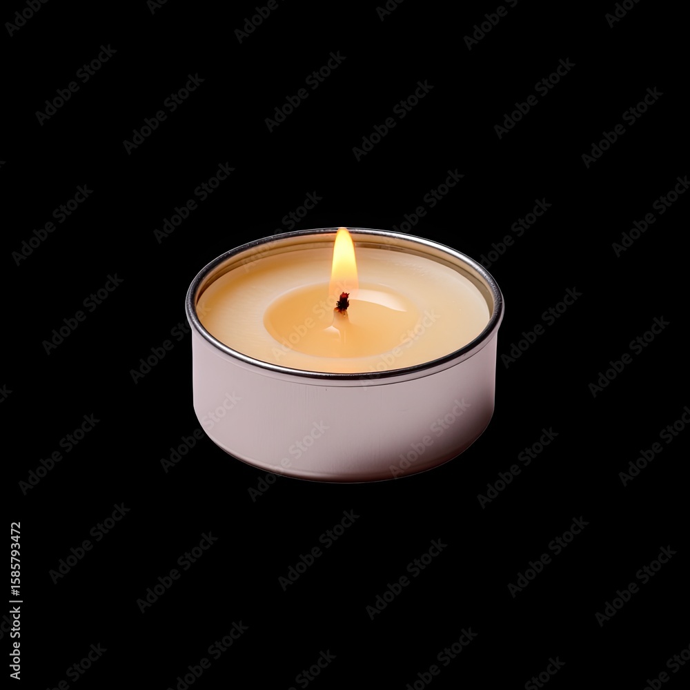 Poster elegant and simple candle burning in round metallic container on dark background for relaxation and 