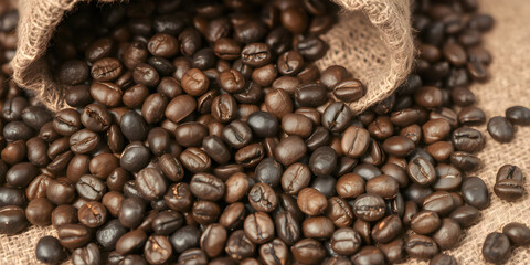 Obraz premium Freshly roasted coffee beans are scattered from a burlap sack, exuding a rich aroma. The dark beans glisten, capturing light and inviting coffee enthusiasts to savor their flavor