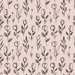 seamless pattern tile of line art rose flowers