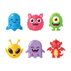 Six adorable cartoon monsters, each with unique features and expressions, displayed in a grid.