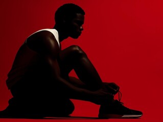 Silhouette of Man Tying Sneakers on Red Background
