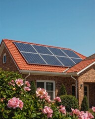 Fototapeta premium Green Energy Solar Panels on Residential House Roof for Sustainable Future Living 