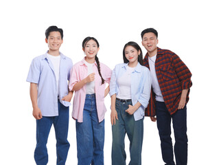 Fototapeta premium Group of four cheerful young adults dressed in casual clothing posing on a white background