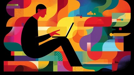 Colorful Abstract Digital Art with Laptop User