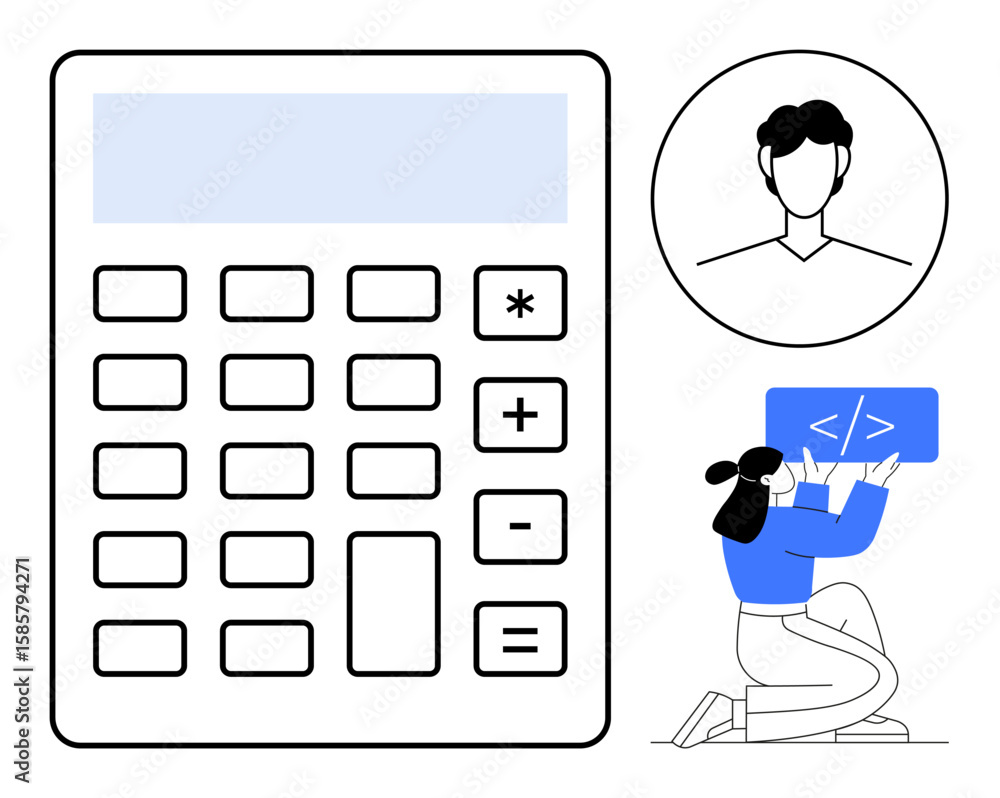 Poster large calculator, avatar representing a user, and kneeling female coder holding a code panel. ideal 