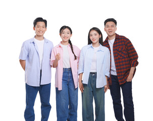 Fototapeta premium Group of four young adults casually dressed standing together smiling and having a great time