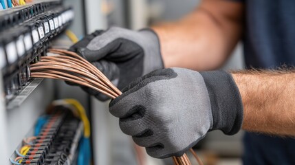 Male electrician with gloves wiring electrical panel for safe installation.