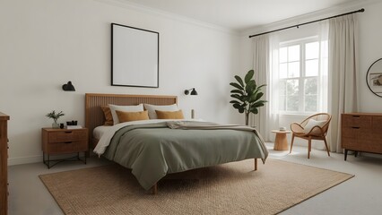 Serene Minimalist Bedroom Interior:  Neutral Tones, Natural Light, Wooden Accents, and a Calming Atmosphere.