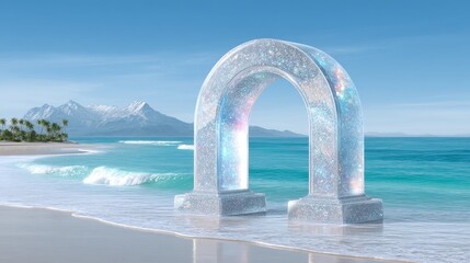 Magical crystal gateway arch on serene beach coastal landscape digital art clear sky dreamlike concept