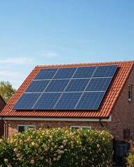 Fototapeta premium Solar Panels Generating Clean Energy on Home Roof with Blue Sky 