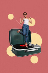 Creative abstract collage of person win stand vinyl plate on red color background