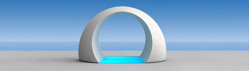 Fototapeta premium Ethical gateway sculpture with glowing emblem coastal area art installation serene environment wide angle view