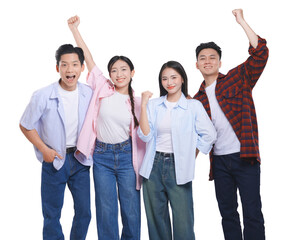 Obraz premium Group of young adults celebrating a success demonstrating excitement and positive energy together