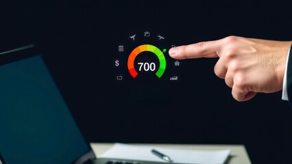 Professional reviewing top credit rating on digital screen, laptop and paperwork nearby in corporate workspace