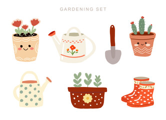 Cute hand-drawn set of gardening elements, cozy cottage core art.