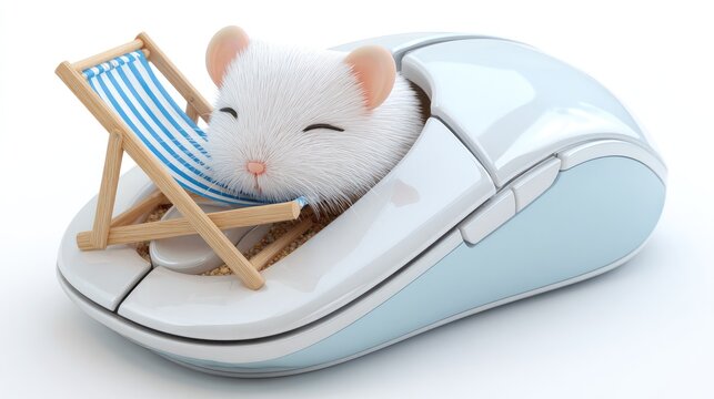 Fluffy hamster naps in beach chair on computer mouse
