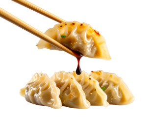  Single Gyoza Held with Chopsticks Mid-Air, Soy Drip Effect, Side View, Isolated