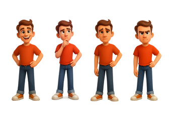 3d cartoon character of the young man in red t-shirt with different poses and emotions