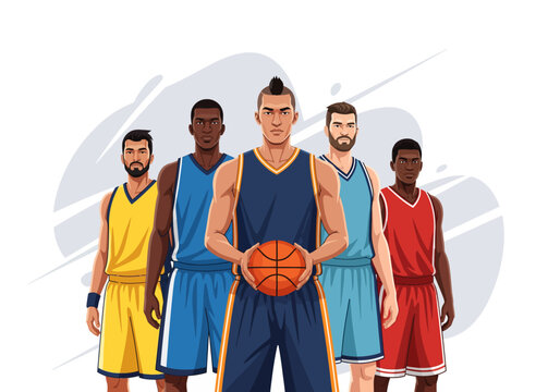 A diverse basketball team standing together, a powerful team portrait.