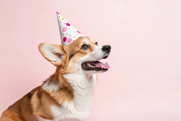 A happy corgi celebrates its birthday with festive decorations.